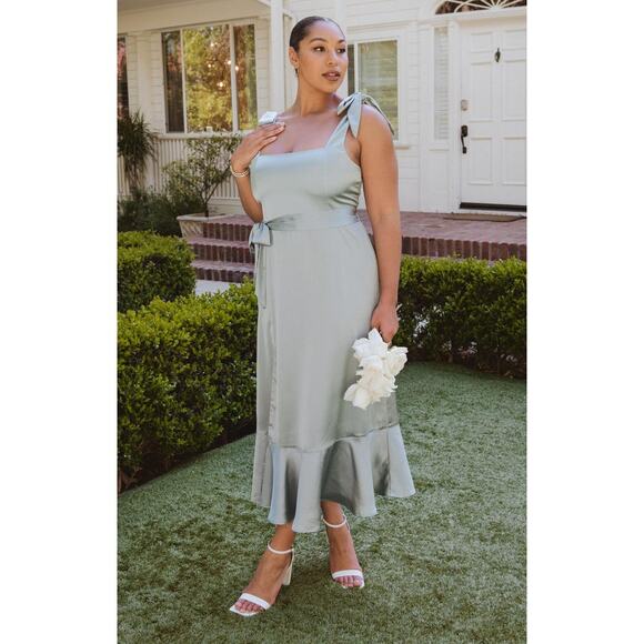 Show Me Your Mumu Claire Midi Dress in Silver Sage Luxe Satin L NWT - Picture 1 of 6